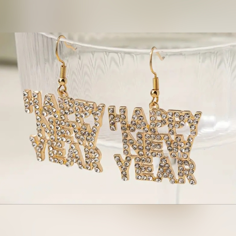 Happy New Year Rhinestone Dangle Earrings